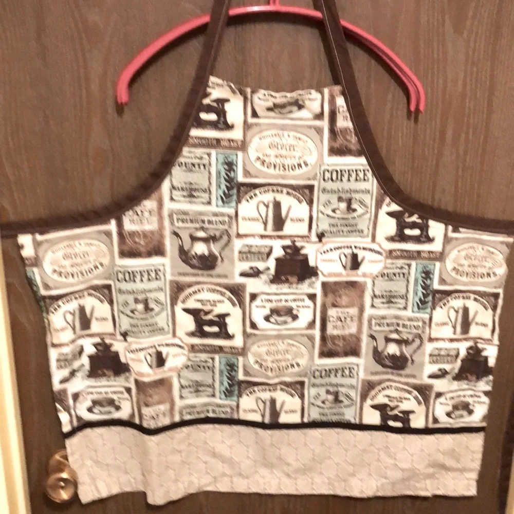 Coffee Motif Cotton Apron - 25”x28”, each waist tie is 24” long